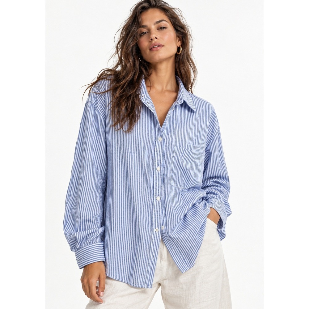 H&M Linen Blend Striped Button Down Shirt Blue White 4XL New With Tags
